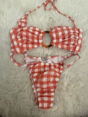 Montce Coral and White SHRIMP Gingham tori ties Bikini Set